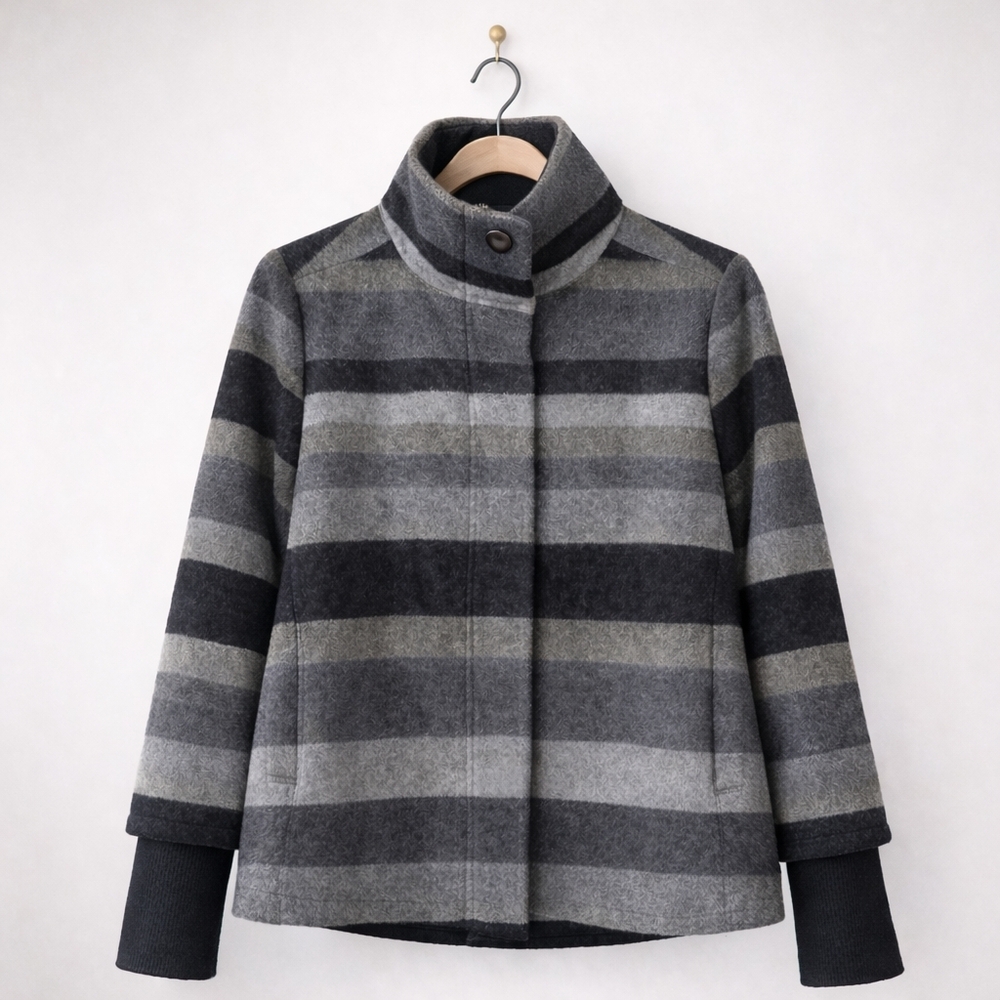 PrAna Striped Wool Blend Jacket | Size Small | Stand Collar Zip Front